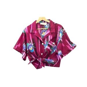 Hilo Hattie Hawaiian Crop Top Tie Front Button Shirt Pink Tropical Floral M